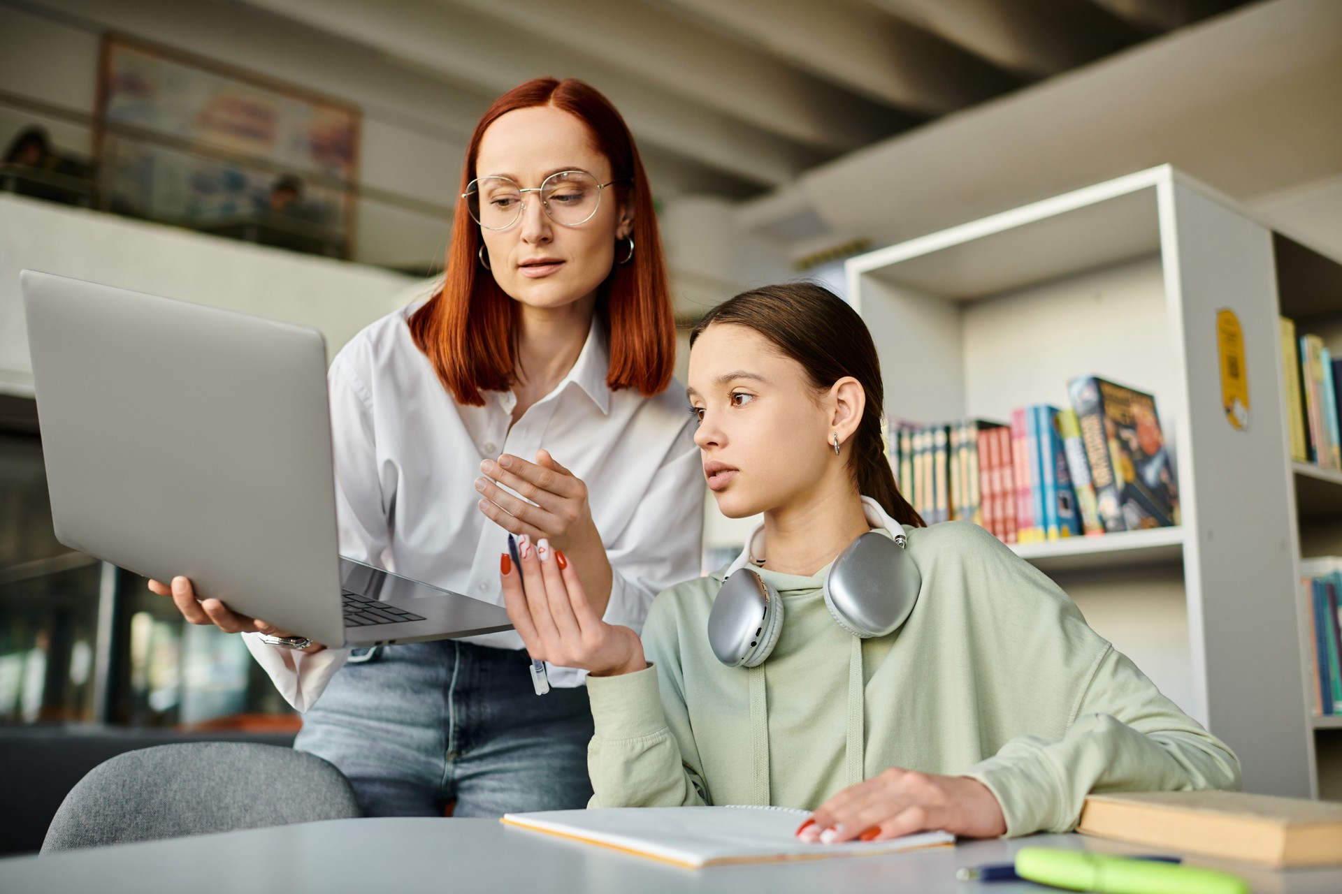 Dedicated tutor helps teenage student with homework at a library after school hours